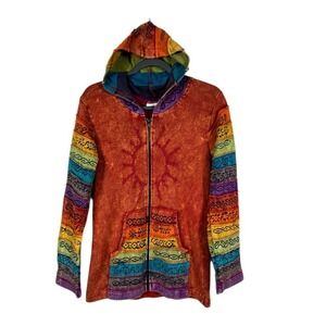 Womens Bohemian Rainbow NepalPatchwork Jacket Hoodie Small Full Zip Hippie